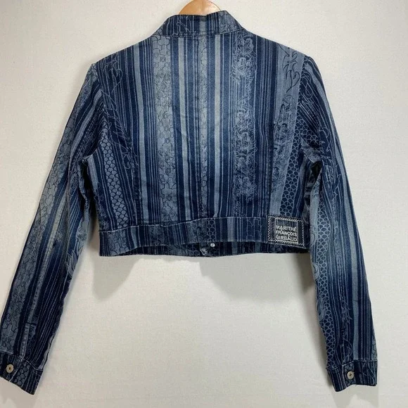 MARITHE FRANCOIS Womens Denim Jacket Blue Striped‎ Dragon Print Cropped Size XL - Picture 9 of 9